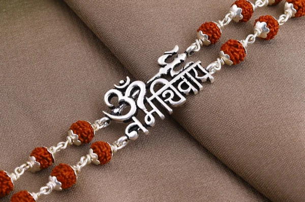 Silver Two line OM Namah Shivay Rudraksha Bracelet