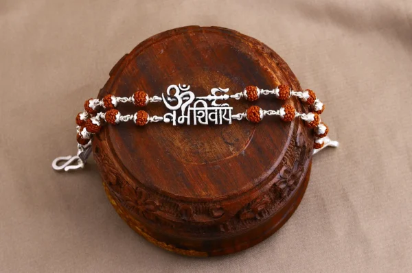 Silver Two line OM Namah Shivay Rudraksha Bracelet